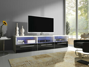 Moderní TV stolek Rabia 150, bílá/černý lesk + LED