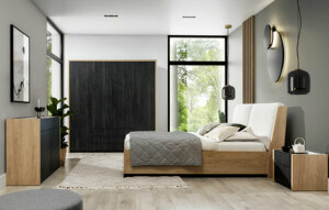 Luxusní ložnice Modo, dub hikora / pálené dřevo