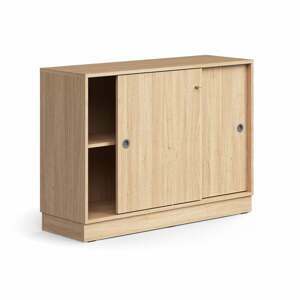 Skriňa s posuvnými dverami QBUS, 1 polica, so soklom, s madlom, 868x1200x400 mm, dub