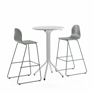 Sestava VARIOUS + GANDER, stůl Ø700x1050 mm, bílá + 2 barové židle, zelenošedá