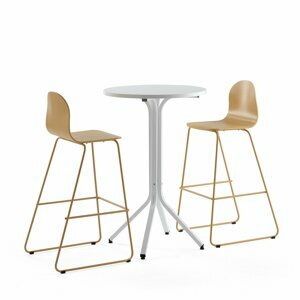 Sestava VARIOUS + GANDER, stůl Ø700x1050 mm, bílá + 2 barové židle, hořčicová