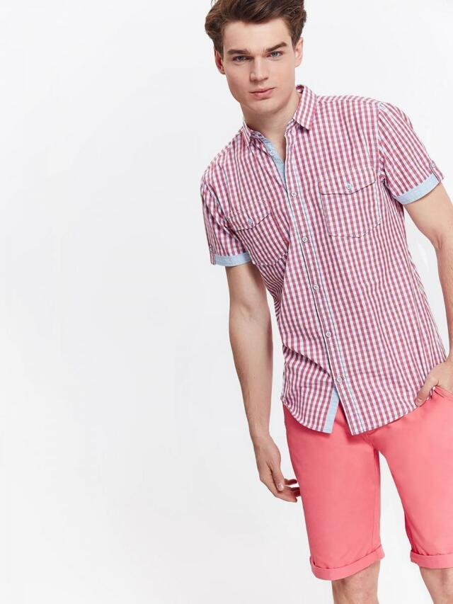 Top Secret Košile pánská růžová kostkovaná s krátkým rukávem