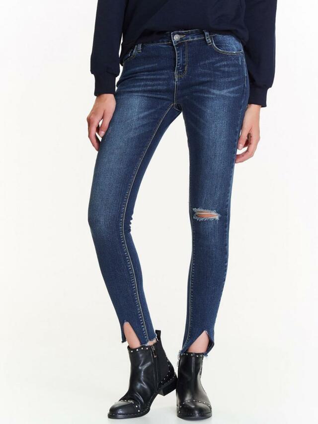 Top Secret Jeansy dámské tmavě modré s dírou na koleni a potrhaným spodním lemem