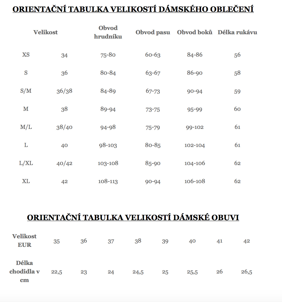 Tabulka velikostí značky Koucla