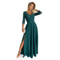 AMBER - Elegantní dlouhé dámské krajkové šaty v lahvově zelené barvě s výstřihem 309-5 (3530938) - 2